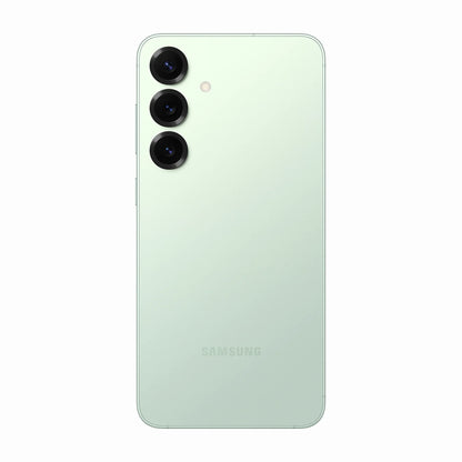 smart tech store Canada. premium tech accessories Canada. New Samsung Galaxy S25 Plus. Gallery image 7. The smartphone is centered in the frame, showcasing its sleek, mint green back. Three circular camera lenses are aligned vertically on the left side, each with a black rim, and a small camera sensor is positioned above them. The surface is smooth and glossy, reflecting light softly. The brand name "SAMSUNG" is printed in a subtle, light font near the bottom.