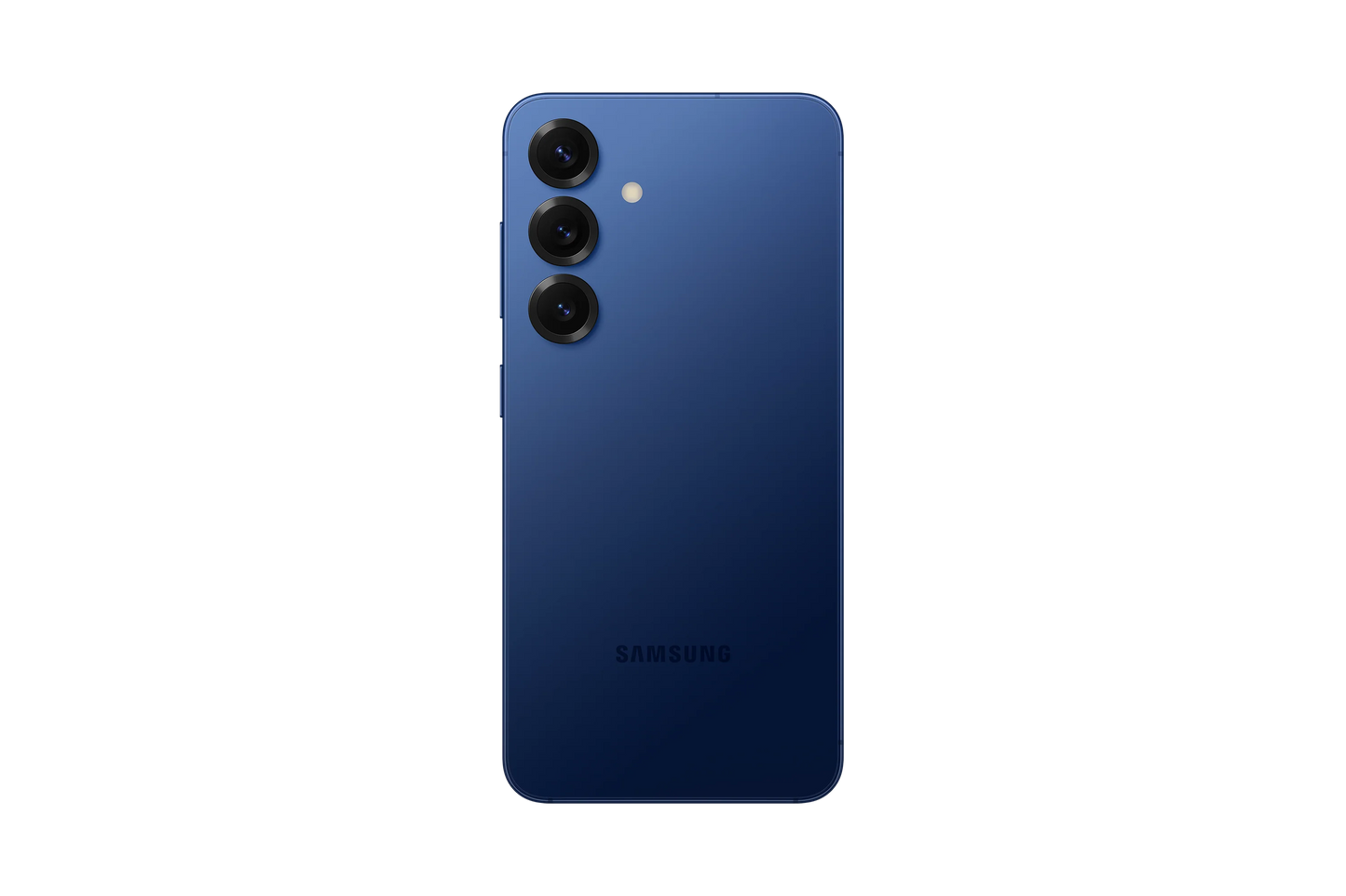 cutting edge electronics online Canada. smart tech store Canada. New Samsung Galaxy S25. Gallery image 8. The image shows the back of a smartphone, prominently displayed against a black background. The device features a sleek, glossy blue finish that gradually lightens towards the bottom. Three circular camera lenses are aligned vertically on the left side, accompanied by a small flash above them. The word "SAMSUNG" is subtly embossed near the bottom.