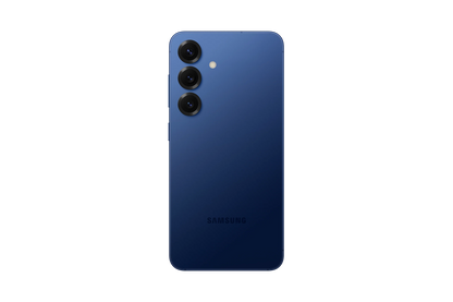 cutting edge electronics online Canada. smart tech store Canada. New Samsung Galaxy S25. Gallery image 8. The image shows the back of a smartphone, prominently displayed against a black background. The device features a sleek, glossy blue finish that gradually lightens towards the bottom. Three circular camera lenses are aligned vertically on the left side, accompanied by a small flash above them. The word "SAMSUNG" is subtly embossed near the bottom.