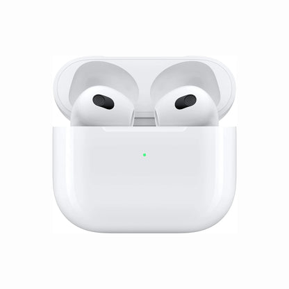 next gen electronics shop. premium tech accessories Canada. New Apple Original AirPods 3 Gen. Gallery image 2. The image shows a pair of wireless earbuds nestled inside a compact white charging case, which is slightly open. The earbuds are predominantly white with black accents on the tips, and the case features a small green LED indicator on the front. The background is a seamless white, providing a clean and minimalistic look.