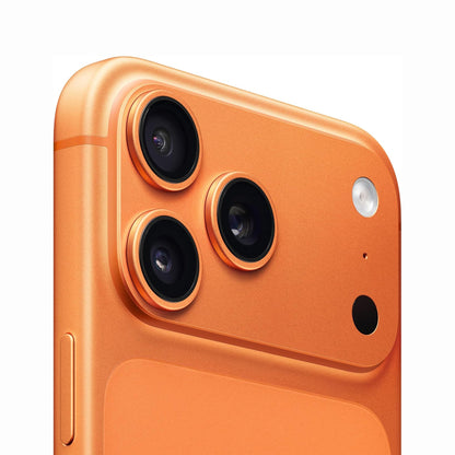 future tech gadgets Canada. cutting edge electronics online Canada. New Apple iPhone 17 Pro Max. Gallery image 4. The image features a close-up view of a smartphone's rear corner, showcasing its vibrant orange finish. Three circular camera lenses are prominently displayed, with the largest lens on the left, followed by two smaller lenses. A small flash is positioned to the right of the lenses. The surface has a matte texture that reflects light softly, enhancing the color's brightness.