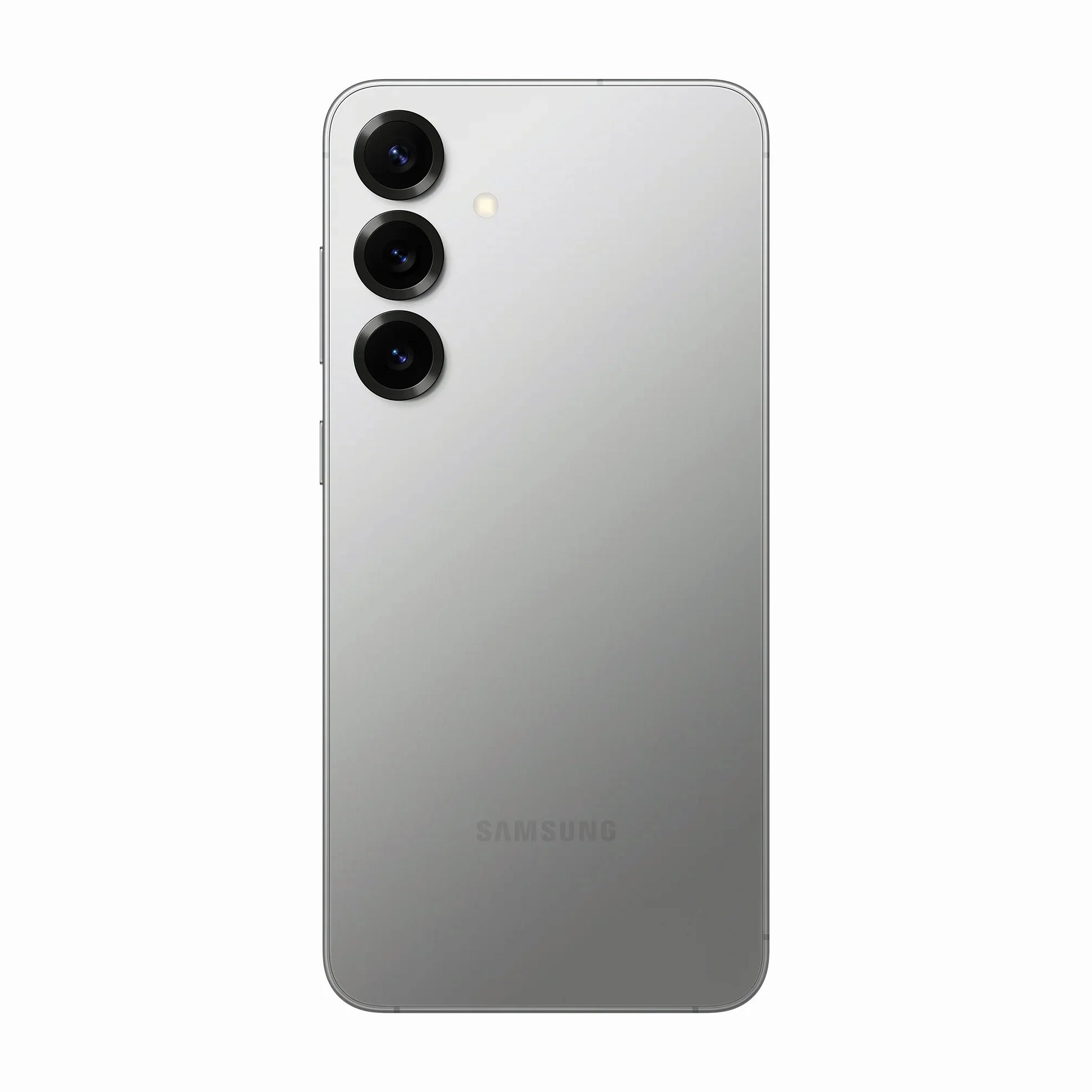 smart tech store Canada. premium tech accessories Canada. New Samsung Galaxy S25 Plus. Gallery image 8. The smartphone is centered in the frame, showcasing its sleek, matte silver back. Three circular camera lenses are aligned vertically on the left side, with a small flash positioned above them. The surface beneath the phone is a seamless white, enhancing the device's modern aesthetic. The lighting is soft, creating subtle reflections on the phone's surface.