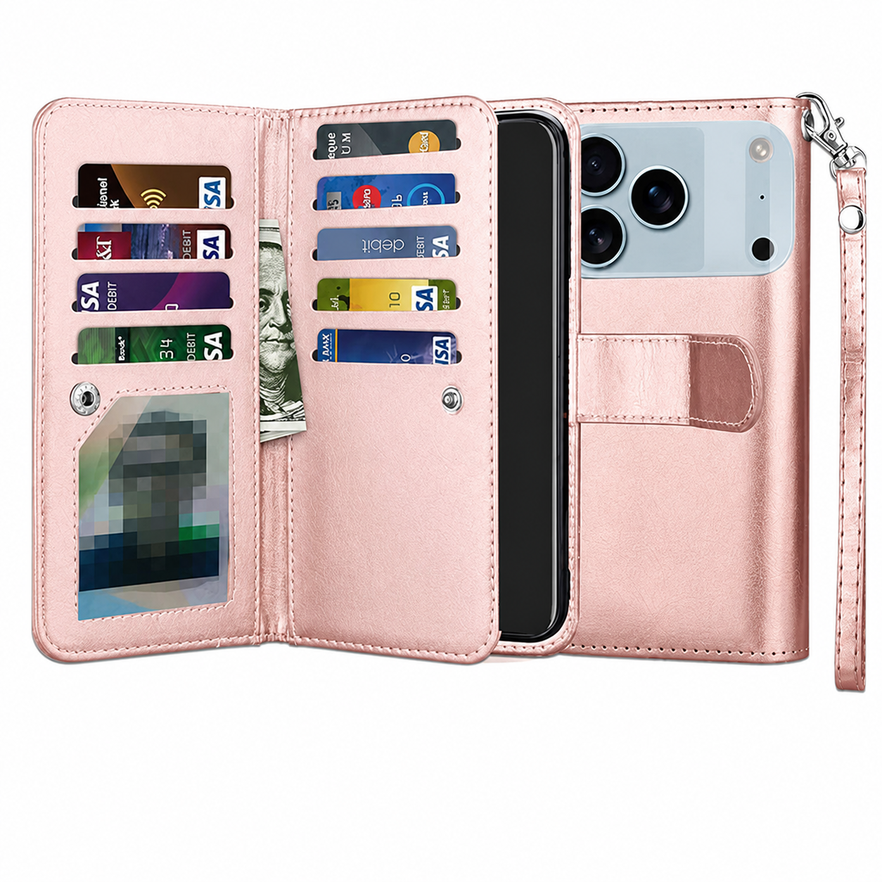 Rose Gold iPhone 17 Pro Max Wallet Case with 9 Card Holder, Detachable Magnetic Case, Protective Phone Cover