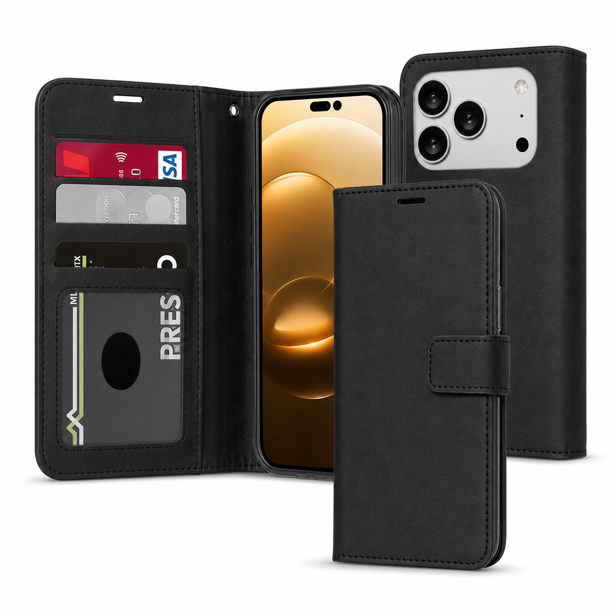 Premium Black Leather Folio Wallet Case for Apple iPhone 17 Pro Max Protective Phone Cover