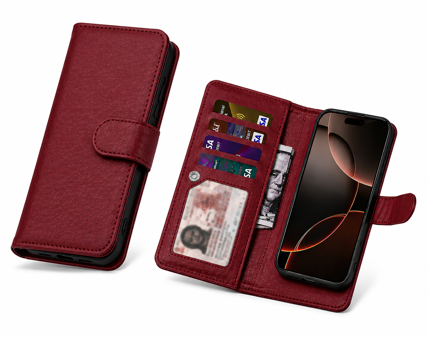  Premium Wine Bifold 9 Card Wallet Case, Apple iPhone 17 Pro Max Protective Cover, Leather Smartphone Case, Luxury Phone Cover