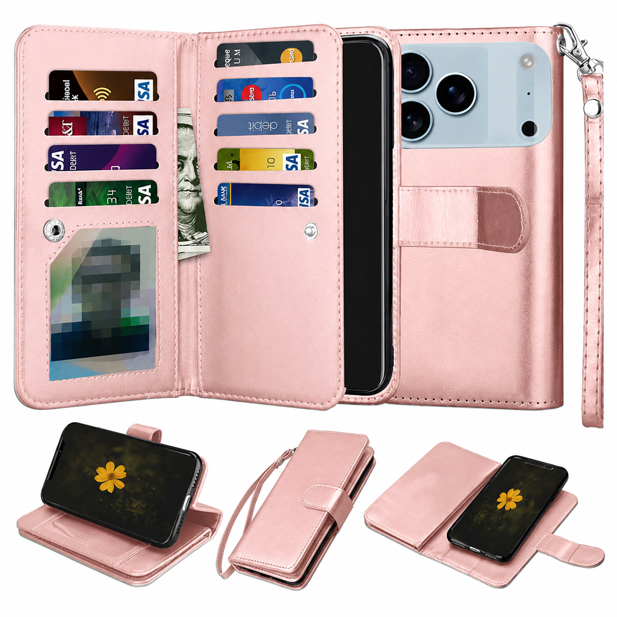 Premium Rose Gold Phone Case for Apple iPhone 17 Pro Max featuring Detachable Wallet, Leather Folio Cover