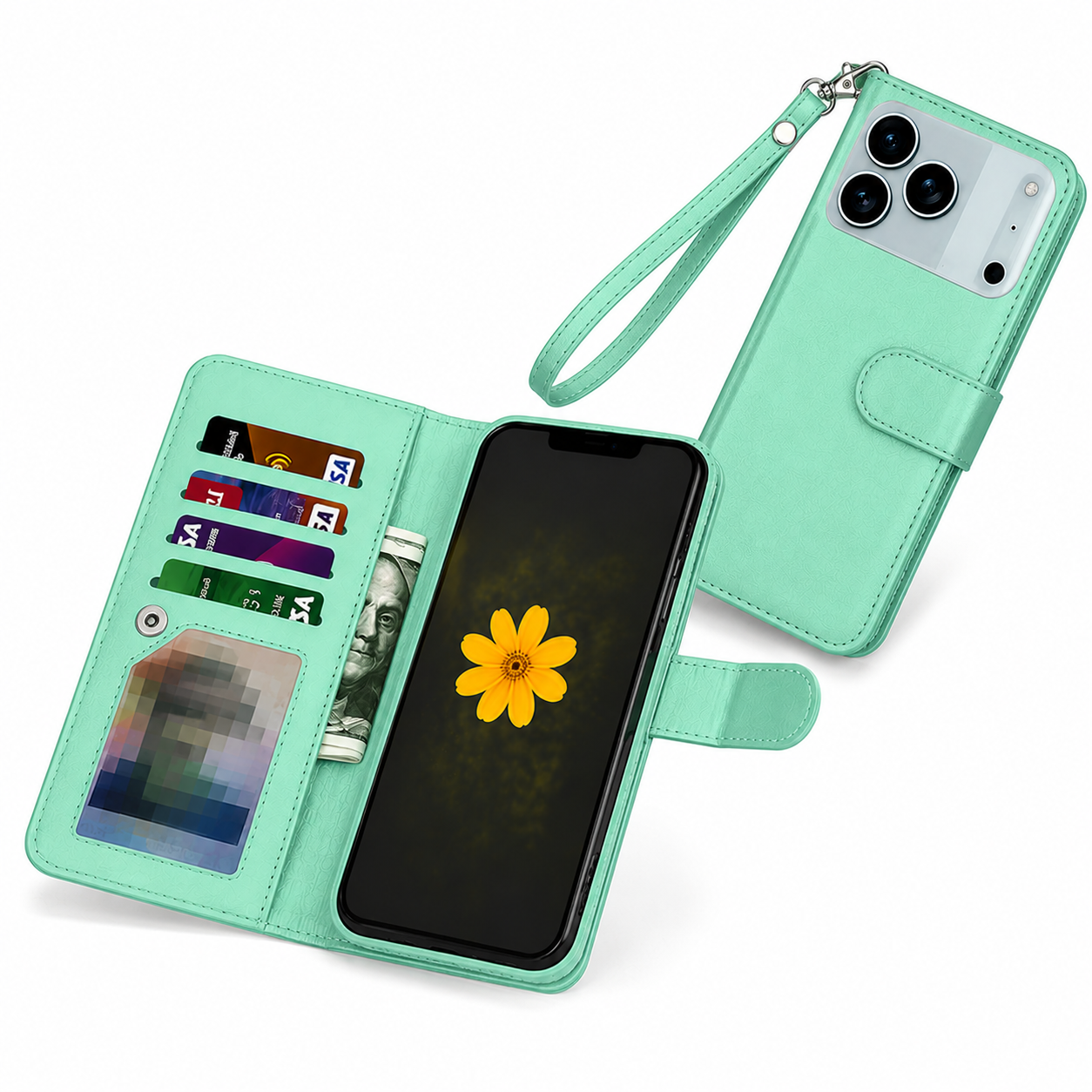  Teal Bifold Wallet Case for Apple iPhone 17 Pro, Drop Protection Phone Case, Premium Mobile Cover