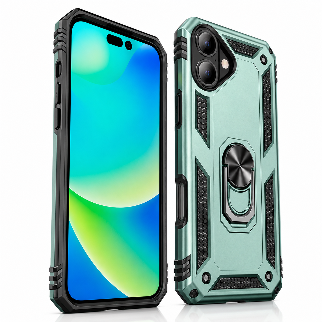 Impact-resistant hybrid phone cover for Apple iPhone 17 in midnight green