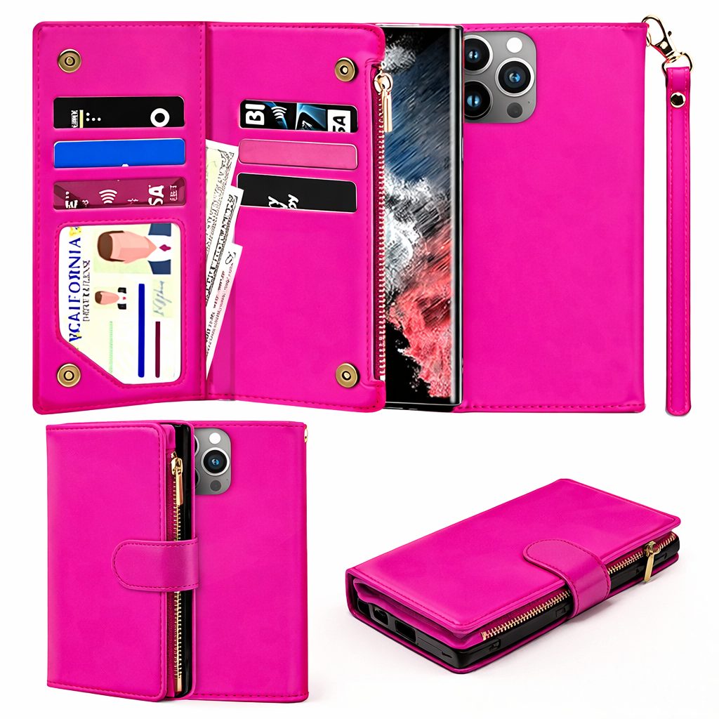 Multi-Card Wallet Phone Case – Hot Pink Clutch detachable Cover