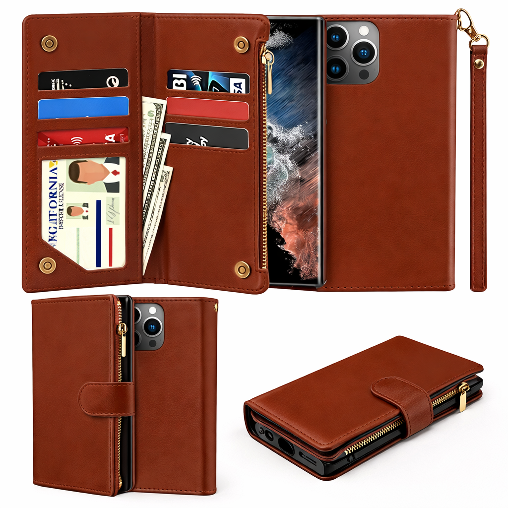 Multi-Card Wallet Phone Case – Brown Clutch detachable Cover
