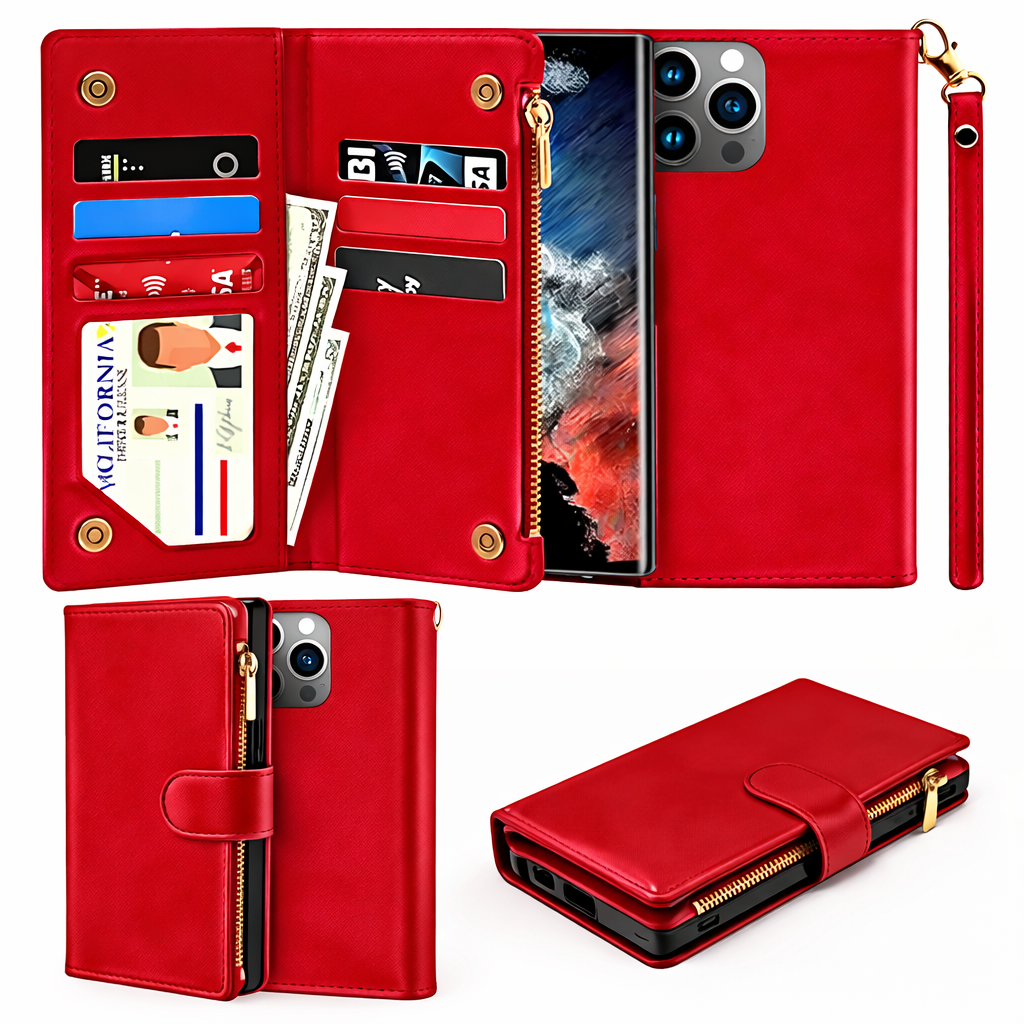 Multi-Card Wallet Phone Case – Red Clutch detachable Cover