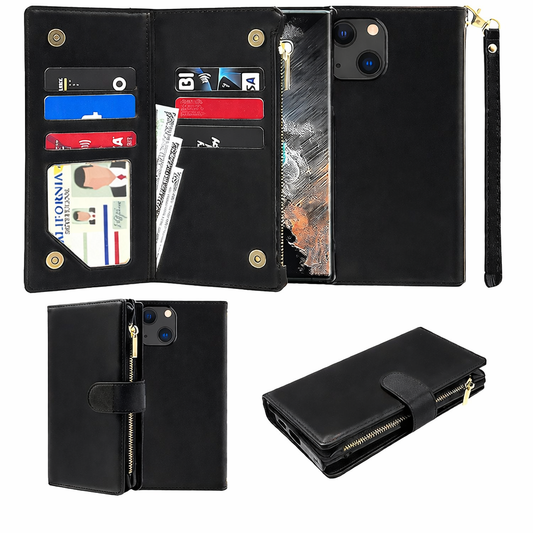 Multi-Card Wallet Phone Case – Black Clutch detachable Cover