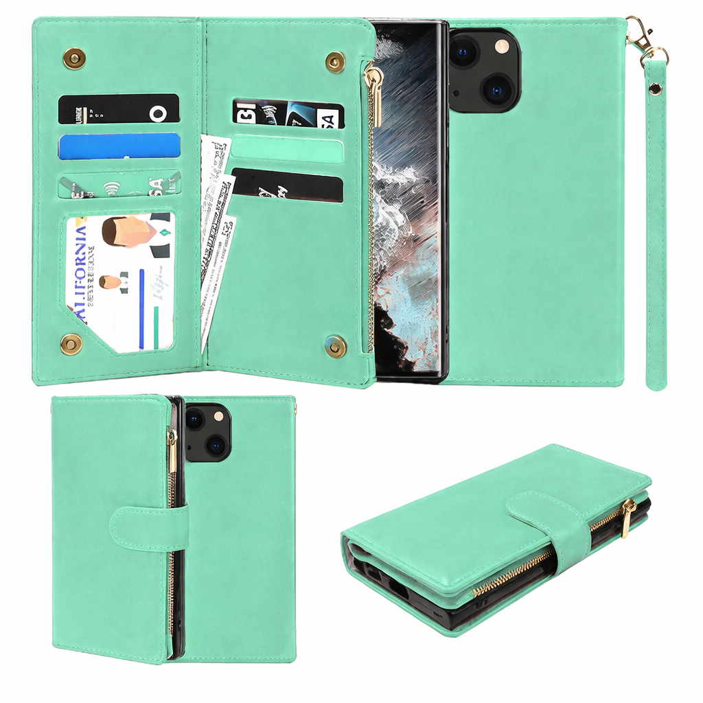 Multi-Card Wallet Phone Case – Teal Clutch detachable Cover