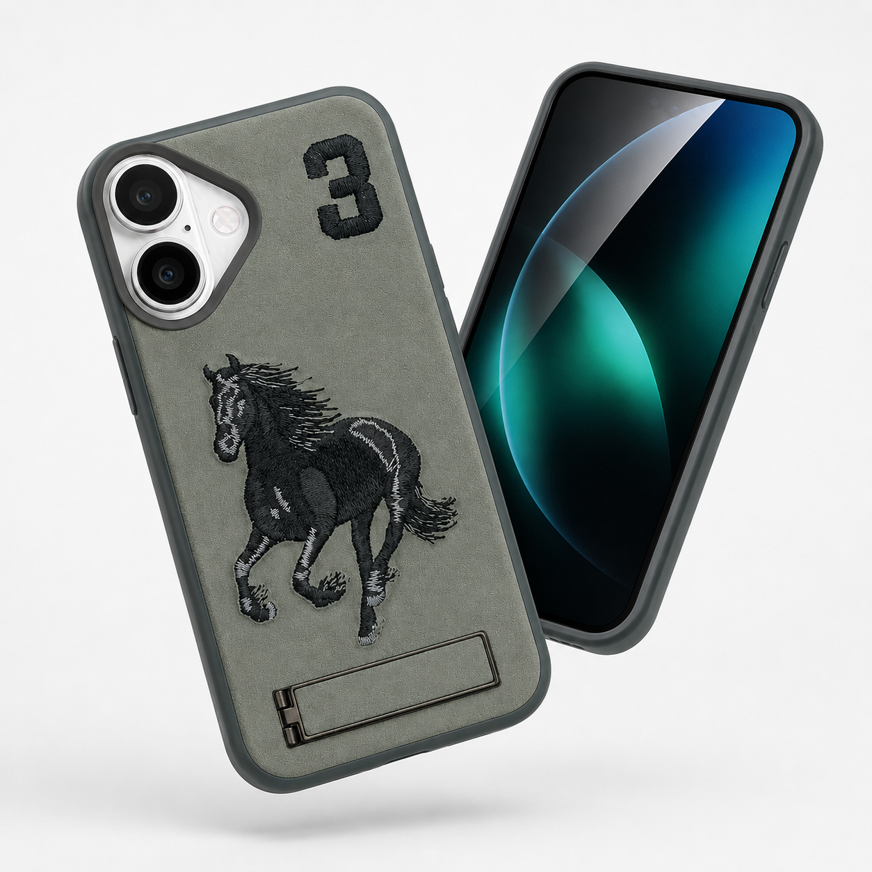 Horse Embroidery iPhone 16 Cover, Built-in Stand Case, Premium Protective Case, Military Grade Phone Cover