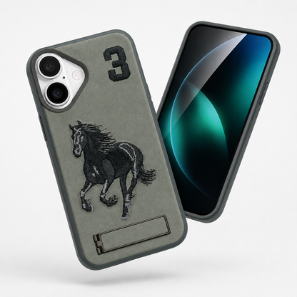 Horse Embroidery iPhone 16 Cover, Built-in Stand Case, Premium Protective Case, Military Grade Phone Cover