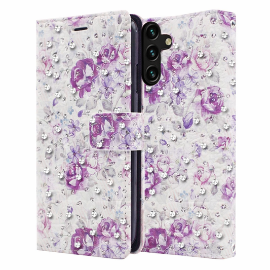 Wallet Phone Case – Purple Diamond Cover With Floral Design