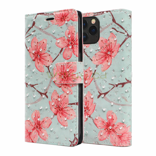 Wallet Phone Case – Teal Diamond Cover With Floral Design