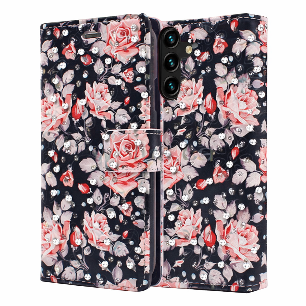 Wallet Phone Case – Black Diamond Cover With Floral Design