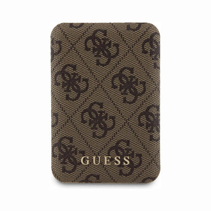 future tech gadgets Canada. premium tech accessories Canada. Guess BP MagSafe Case + PWB 5000mAh 4G. Gallery image 2. The product is a brown cardholder featuring a repeating dark brown logo pattern on a textured surface. It is centered in the frame with rounded corners and a smooth finish. The bottom of the cardholder displays the word "GUESS" in gold lettering, which is clearly legible. The background is plain white, allowing the cardholder to stand out prominently.