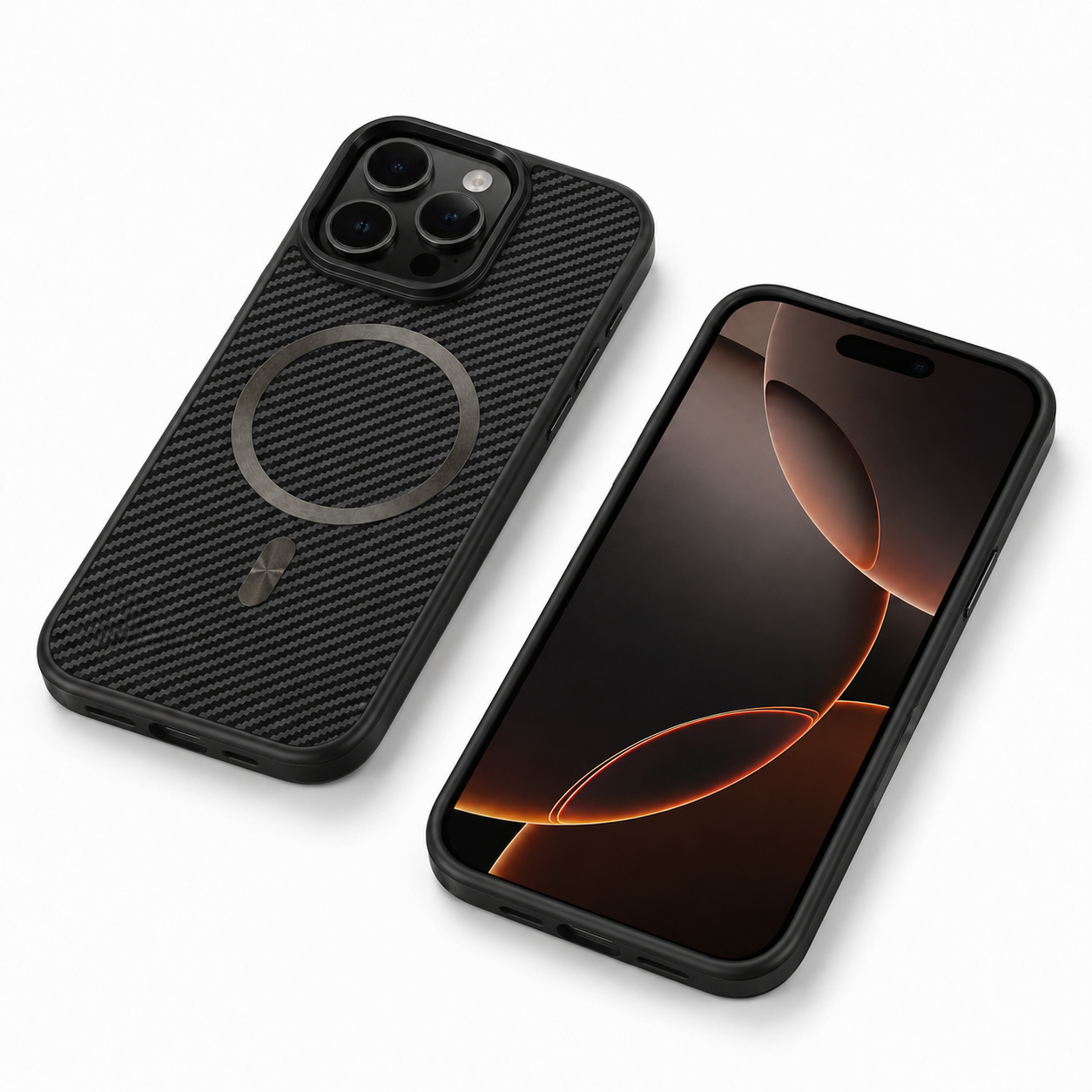 Black carbon mobile cover with raised camera protection for iPhone 12