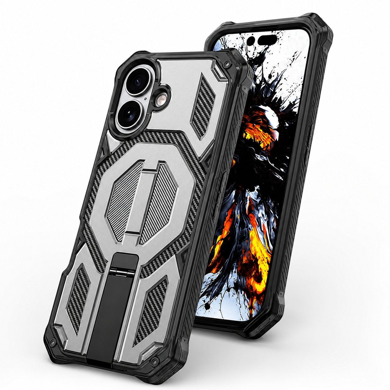 Rugged Phone Cover for Apple iPhone 16 with kickstand, anti-slip grip, and MagSafe support