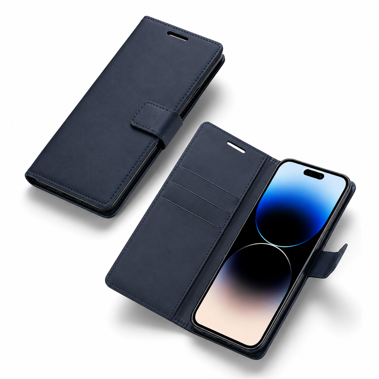 Navy iPhone 17 card holder case with viewing stand and camera protection