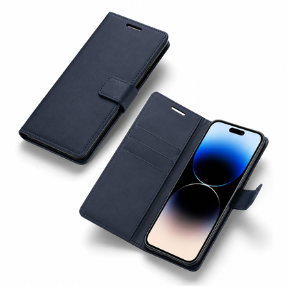 Navy iPhone 17 card holder case with viewing stand and camera protection