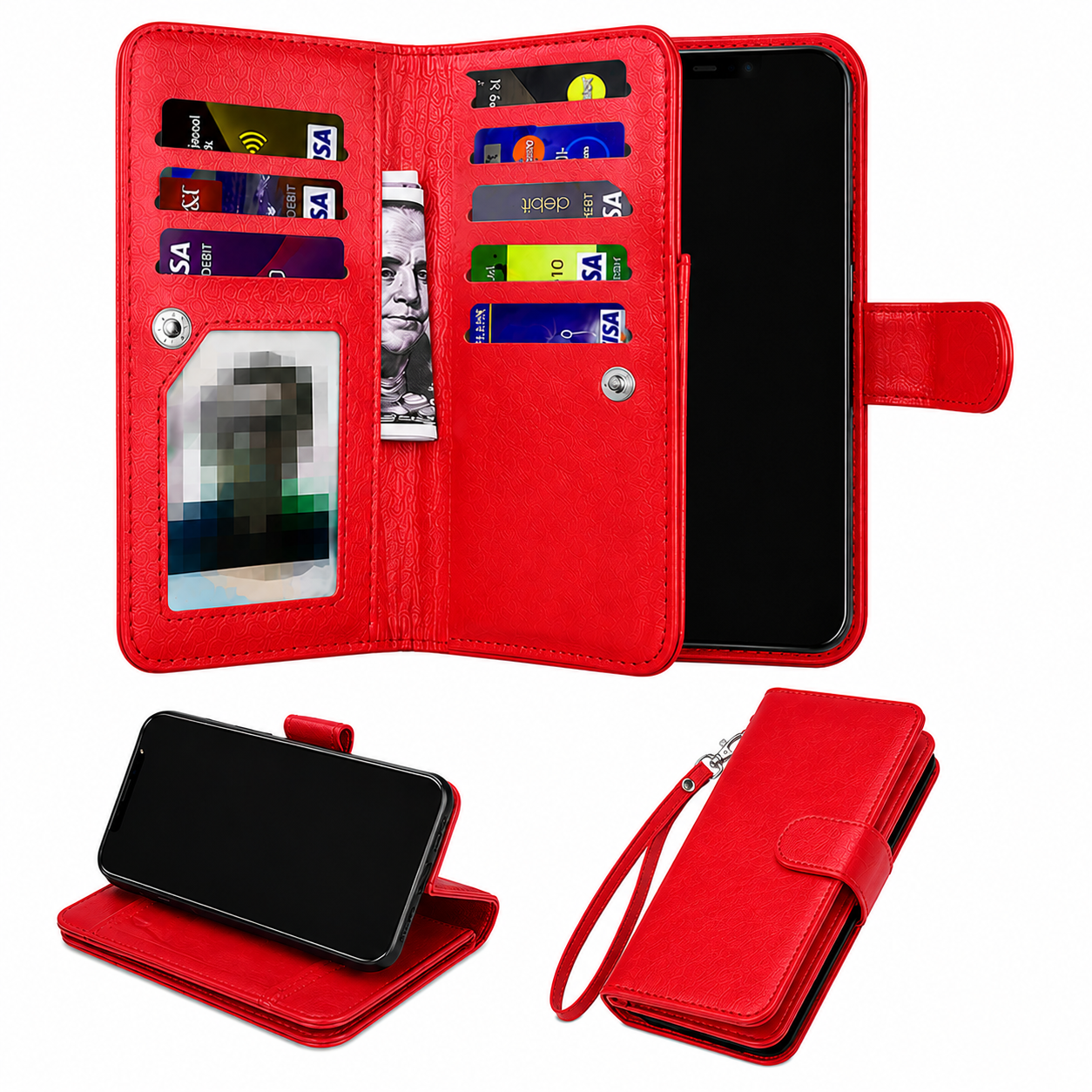 Premium Red iPhone 17 Pro Max Wallet Case, Detachable Magnetic Case, 9 Card Holder Phone Case