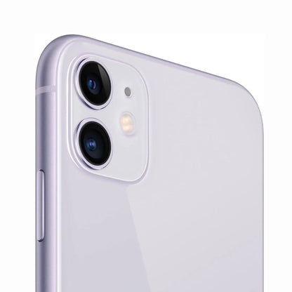 future tech gadgets Canada. smart tech store Canada. Premium iPhone 11. Gallery image 18. The image shows a close-up view of a smartphone's rear corner, prominently featuring two circular camera lenses and a flash. The phone has a glossy, light purple finish that reflects soft lighting, enhancing its sleek appearance. A small microphone is visible next to the lenses, and the side of the device shows a slim button. The background is a seamless white, emphasizing the product without distractions.