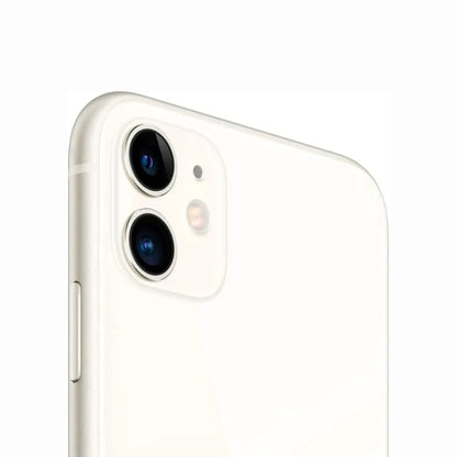 future tech gadgets Canada. smart tech store Canada. Premium iPhone 11. Gallery image 15. The image shows a close-up view of a smartphone, angled slightly to the right. The device features a glossy white finish with a smooth, rounded edge. Two circular camera lenses are visible on the upper left corner, one larger than the other, along with a small flash in between. The background is a seamless white, enhancing the phone's sleek design.
