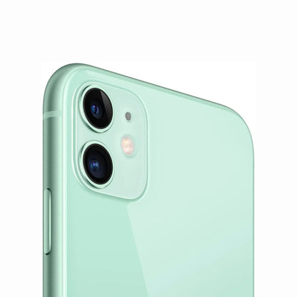 future tech gadgets Canada. smart tech store Canada. Premium iPhone 11. Gallery image 14. The image features a close-up view of a mint green smartphone, angled slightly to showcase its rear camera setup. The glossy finish of the phone reflects light softly, enhancing its sleek appearance. Two circular camera lenses are visible, along with a small flash, positioned near the top left corner. A side button is also seen on the left edge of the device.