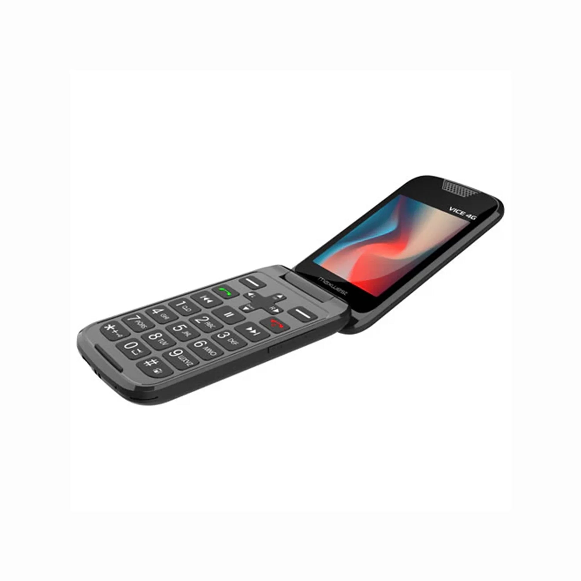 future tech gadgets Canada. smart tech store Canada. The Maxwest Vice 4G. Gallery image 3. The image shows a black flip phone positioned at a slight angle, revealing both the keypad and the screen. The keypad features large, tactile buttons with white numbers and symbols, including a green call button and a red end call button. The screen displays a colorful abstract background. The phone is set against a seamless white background, creating a clean and simple presentation.