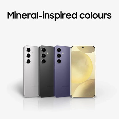 smart tech store Canada. premium tech accessories Canada. Premium Samsung Galaxy S24. Gallery image 6. Four smartphones are displayed against a seamless white background, arranged in a slight arc. The devices feature mineral-inspired colors: a silver phone on the left, followed by a matte black, a deep purple, and a front-facing phone with a gold screen. Each phone has three rear cameras, with the lenses prominently visible.