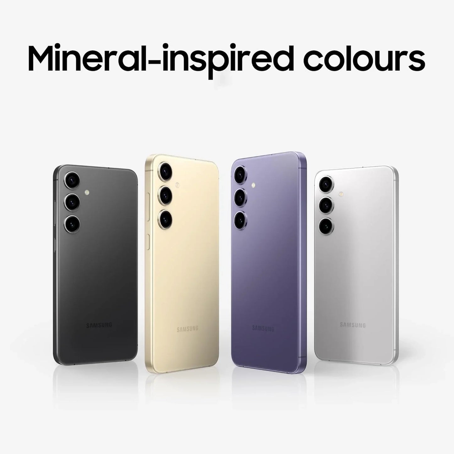 smart tech store Canada. premium tech accessories Canada. Premium Samsung Galaxy S24 Plus. Gallery image 9. Four smartphones are displayed in a row against a seamless light grey background. The devices are angled slightly to showcase their backs, with the first phone on the left in a matte black finish, followed by a glossy gold, a soft purple, and a shiny silver model.