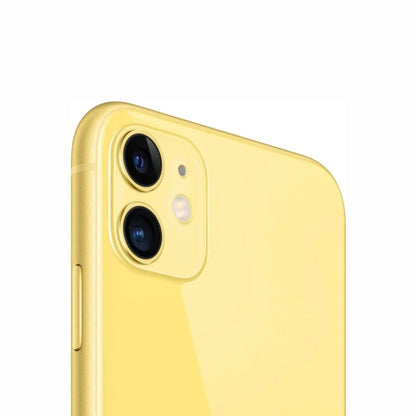 future tech gadgets Canada. smart tech store Canada. Premium iPhone 11. Gallery image 13. The image features a close-up view of a yellow smartphone, angled slightly to showcase its rear camera setup. The glossy finish of the phone reflects light, enhancing its vibrant color. Two circular camera lenses are visible, along with a small flash located between them.