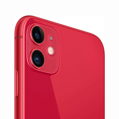 future tech gadgets Canada. smart tech store Canada. Premium iPhone 11. Gallery image 16. The image shows a close-up view of a vibrant red smartphone, angled slightly to highlight its glossy finish. The dual-camera setup is visible in the upper left corner, featuring two lenses and a flash, with a small microphone dot nearby. The left side of the phone displays a slim volume button. The background is a seamless white, emphasizing the phone's bold color and sleek design.