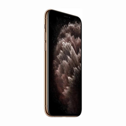 future tech gadgets Canada. smart tech store Canada. Premium iPhone 11 Pro. Gallery image 9. The smartphone is displayed at a slight angle, showcasing its sleek profile against a seamless white background. The device features a glossy gold finish, with a vibrant, colorful abstract image on the screen. On the left side, there are three buttons: two volume buttons above a mute switch. The lighting is soft, highlighting the phone's smooth curves and reflective surface.