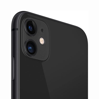 future tech gadgets Canada. smart tech store Canada. Premium iPhone 11. Gallery image 17. The image features a close-up view of a black smartphone, angled slightly to showcase its dual-camera setup on the back. The glossy finish of the device reflects light, highlighting the smooth surface. The two camera lenses are positioned vertically, with a small circular flash located between them. A side button is visible on the left edge of the phone.