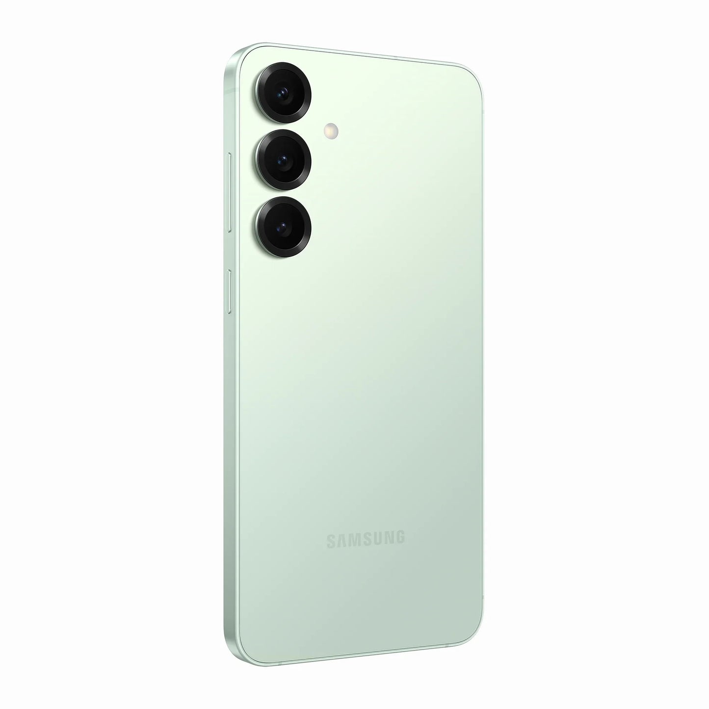 smart tech store Canada. premium tech accessories Canada. New Samsung Galaxy S25 Plus. Gallery image 9. The smartphone is positioned at a slight angle, showcasing its sleek, mint green back. Three circular camera lenses are aligned vertically on the left side, with a small flash above them. The surface is glossy, reflecting light softly, while the edges are rounded. The word "SAMSUNG" is printed in a subtle, light font near the bottom.