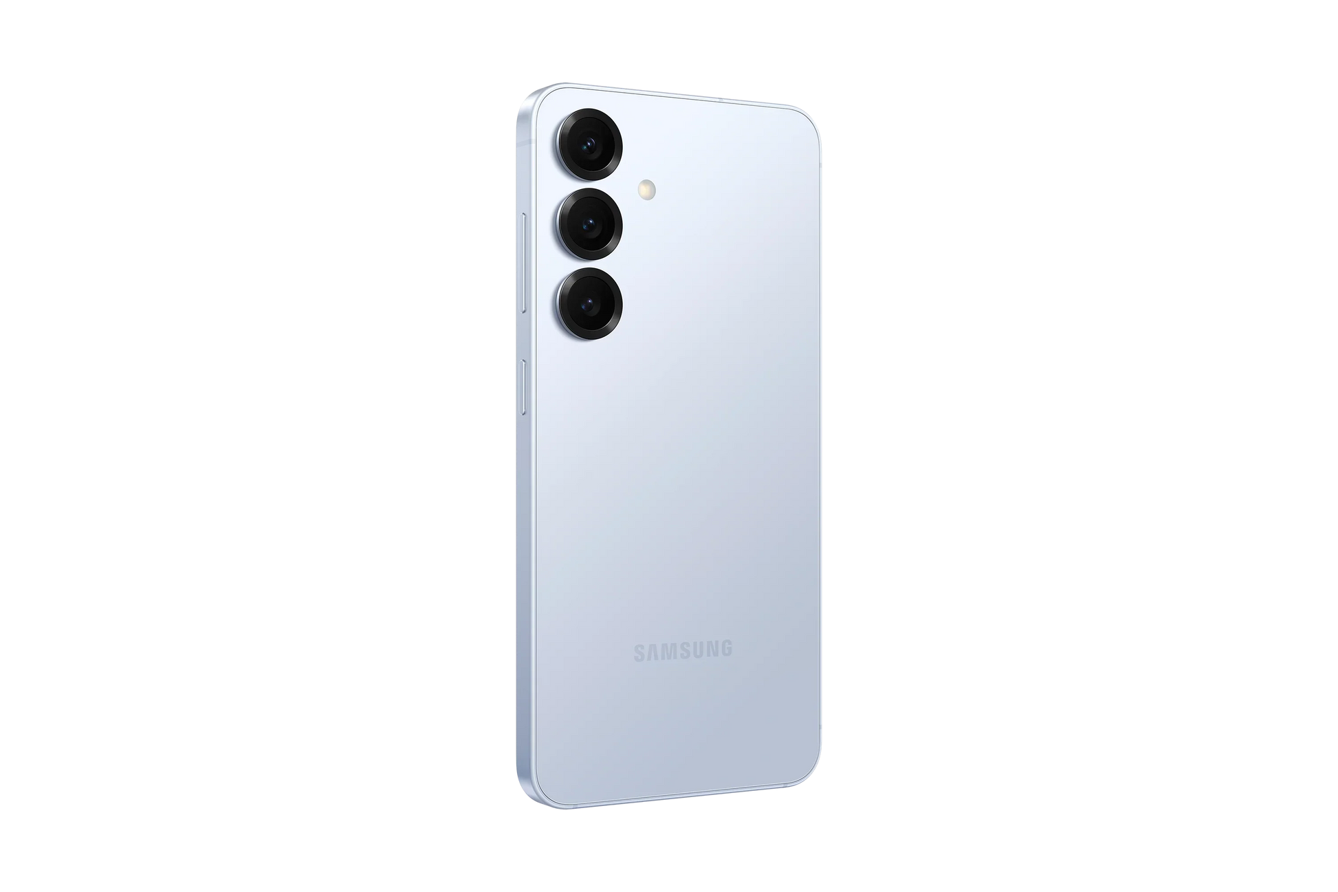 cutting edge electronics online Canada. smart tech store Canada. New Samsung Galaxy S25. Gallery image 10. The smartphone is positioned at a slight angle, showcasing its sleek, glossy white back. Three circular camera lenses are aligned vertically on the upper left, with a small flash located above them. The device features rounded edges and a subtle "Samsung" logo near the bottom.