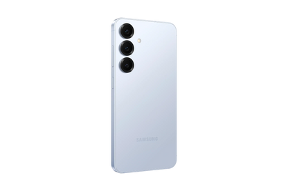 cutting edge electronics online Canada. smart tech store Canada. New Samsung Galaxy S25. Gallery image 10. The smartphone is positioned at a slight angle, showcasing its sleek, glossy white back. Three circular camera lenses are aligned vertically on the upper left, with a small flash located above them. The device features rounded edges and a subtle "Samsung" logo near the bottom.
