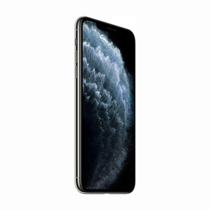 future tech gadgets Canada. smart tech store Canada. Premium iPhone 11 Pro. Gallery image 8. The smartphone is displayed at a slight angle, showcasing its sleek, glossy black body and edge-to-edge screen. The background is a seamless white, emphasizing the device's modern design. The screen features a dark, swirling abstract pattern, suggesting a dynamic visual experience. On the left side, there are three buttons visible, while the right side remains unobstructed.