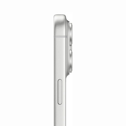 future tech gadgets Canada. cutting edge electronics online Canada. New Apple iPhone 17 Pro Max. Gallery image 7. The product is shown from a side view, centered in the frame against a seamless white background. The sleek, silver body features a matte finish, with two prominent camera lenses visible at the top. A small button is located below the lenses, and a smooth edge runs along the side. The lighting is soft, highlighting the metallic sheen without harsh reflections.