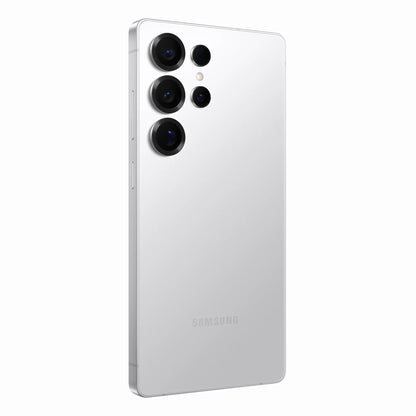 smart tech store Canada. next gen electronics shop. New Samsung Galaxy S25 Ultra. Gallery image 10. The smartphone is positioned at a slight angle, showcasing its sleek, glossy white back. Four circular camera lenses are prominently displayed in the upper left corner, with a small flash located between the two larger lenses. The device has a minimalist design, with a subtle "SAMSUNG" logo near the bottom. The background is a seamless white, enhancing the phone's modern aesthetic.