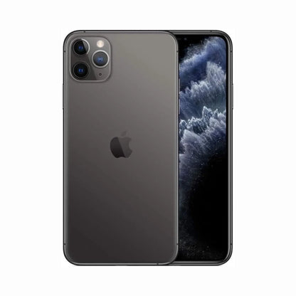 future tech gadgets Canada. smart tech store Canada. Premium iPhone 11 Pro. Gallery image 11. The smartphone is displayed at a slight angle, showcasing both its back and front. The back features a matte black finish with a prominent Apple logo centered near the bottom and a triple-camera setup in the top left corner. The front screen displays a dark, textured wallpaper, emphasizing the edge-to-edge design. The background is a seamless white, providing contrast to the device.