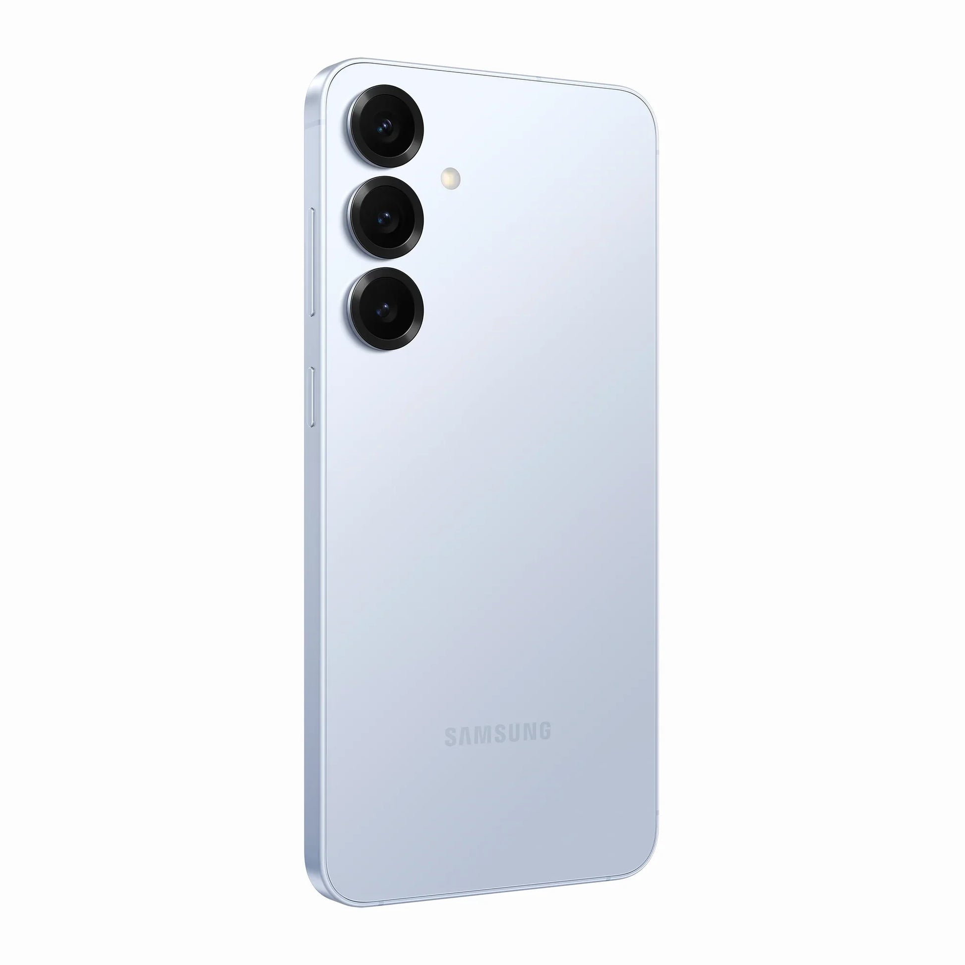 smart tech store Canada. premium tech accessories Canada. New Samsung Galaxy S25 Plus. Gallery image 12. The smartphone is positioned at a slight angle, showcasing its sleek design and glossy light blue finish. Three circular camera lenses are visible on the upper left corner of the back, with a small flash located above them. The device features a subtle "Samsung" logo near the bottom center. The background is a seamless white, emphasizing the phone's modern aesthetic.
