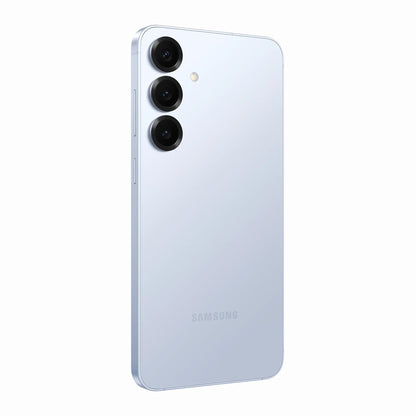 smart tech store Canada. premium tech accessories Canada. New Samsung Galaxy S25 Plus. Gallery image 12. The smartphone is positioned at a slight angle, showcasing its sleek design and glossy light blue finish. Three circular camera lenses are visible on the upper left corner of the back, with a small flash located above them. The device features a subtle "Samsung" logo near the bottom center. The background is a seamless white, emphasizing the phone's modern aesthetic.