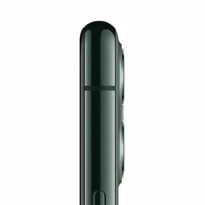 future tech gadgets Canada. smart tech store Canada. Premium iPhone 11 Pro. Gallery image 12. The image shows a close-up side view of a smartphone, prominently featuring a glossy dark green finish. The camera lenses are visible on the right side, with a slight reflection highlighting their glass surfaces. A thin, horizontal line runs across the middle of the device, possibly indicating a button or design feature. The background is a seamless white, emphasizing the sleek design of the phone.