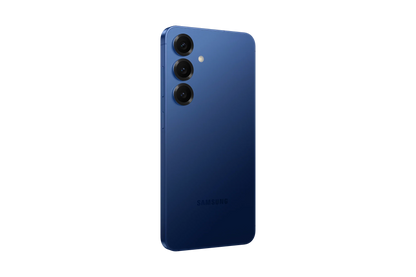 cutting edge electronics online Canada. smart tech store Canada. New Samsung Galaxy S25. Gallery image 11. The smartphone is positioned at a slight angle, showcasing its sleek design and glossy blue finish. The back features three circular camera lenses arranged vertically, with a small flash located above them. The surface is smooth, reflecting light subtly, while the background is a solid black, emphasizing the device.