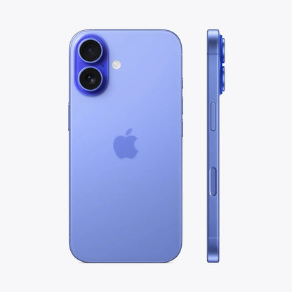 cutting edge electronics online Canada. smart tech store Canada. New Apple iPhone 16. Gallery image 4. The smartphone is displayed at an angle, showcasing its sleek design. The back is a vibrant light purple with a glossy finish, featuring two circular camera lenses and a small flash positioned above them. The Apple logo is subtly embossed in the center. The side view reveals a slim profile with a volume button and a mute switch visible.